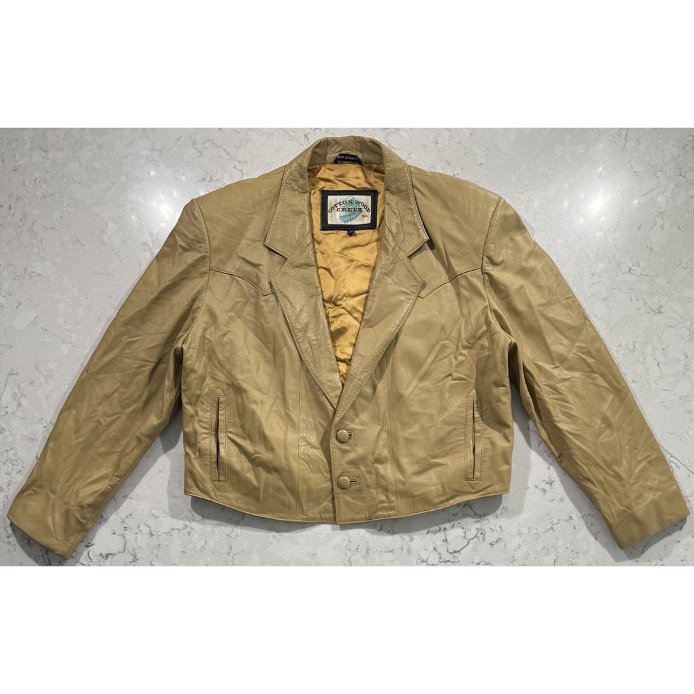 VTG 90s Cotton Wood Creek Leather Jacket Womens Large Tan Crop Western Cowgirl